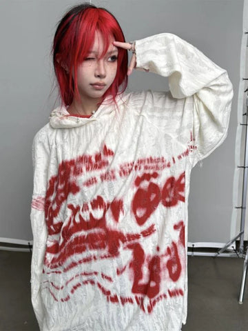 Getadme- Gothic Punk Graphic Print Hoodies Women Grunge Kpop Oversized Hooded Sweatshirt Harajuku Hollow Out Y2K Tops Streetwear